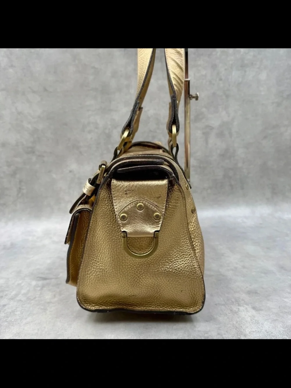Mulberry Metallic Gold Leather Satchel with Buckle Pockets